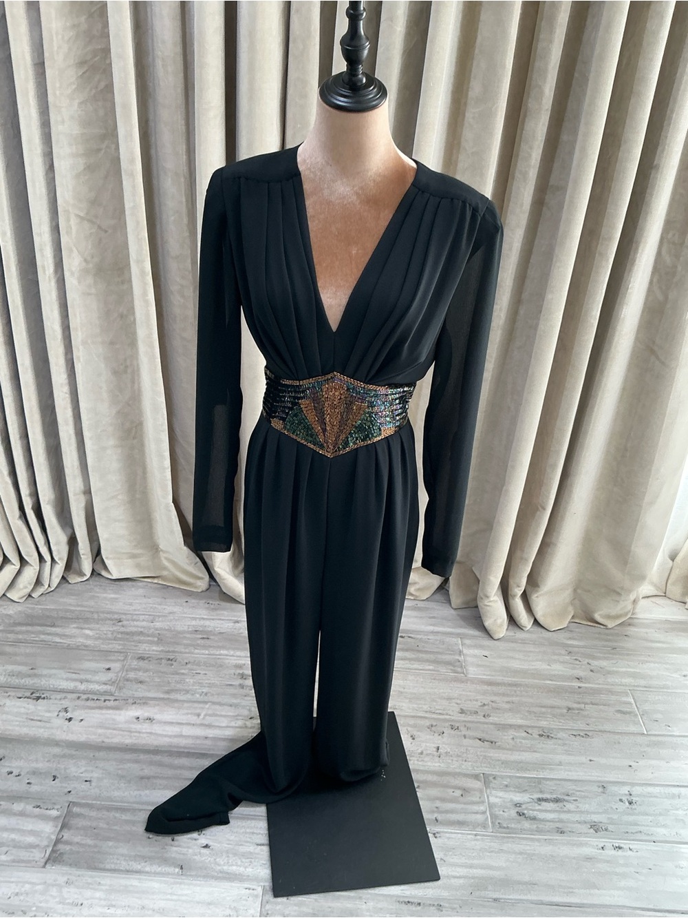 Casadei Black Long-Sleeve Jumpsuit with Multicolored Beaded Waist